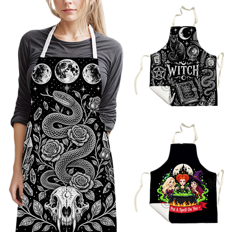 Kitchen Witch Baking - Gotische Hexen-Schürze mit Schlangen-, Mond-, Totenkopf-